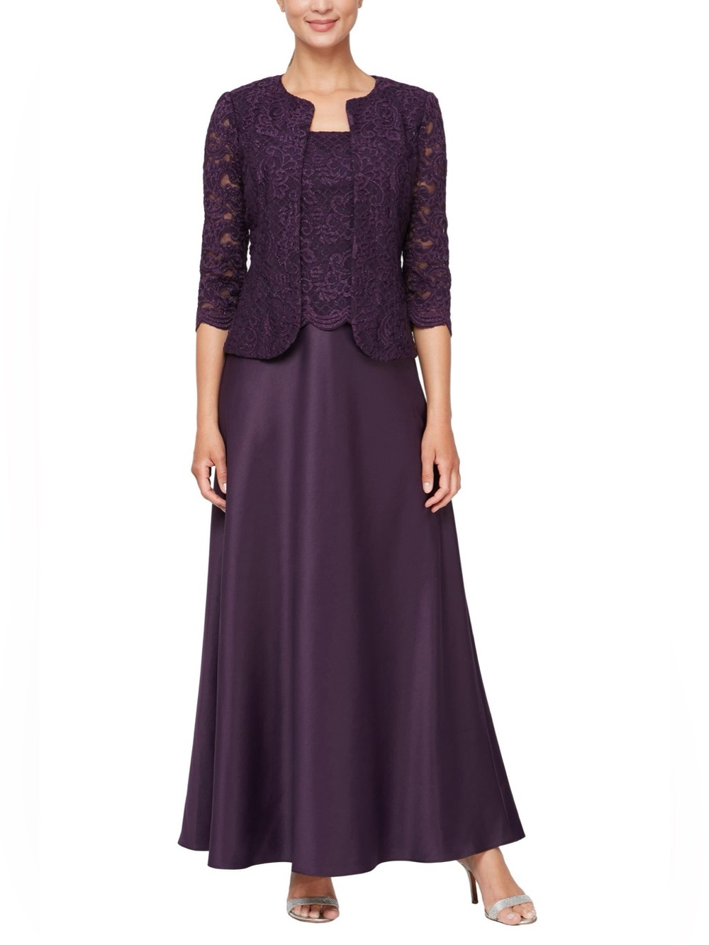 Alex Evenings Lace Mock Two Piece Gown with Jacket Maxi Dress Size 22W Eggplant